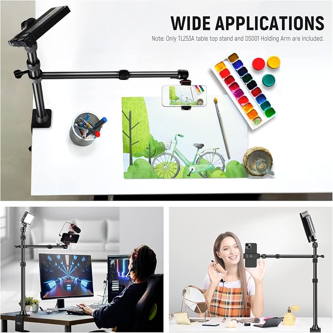 NEEWER TL253A+DS001 Table Camera Tripod with 2 Section Arm | Phone Holder, Ball Heads, Screw Adapter, Table Light Stand for Camera, Mobile Phone, Webcam, Ring Light - Image 4