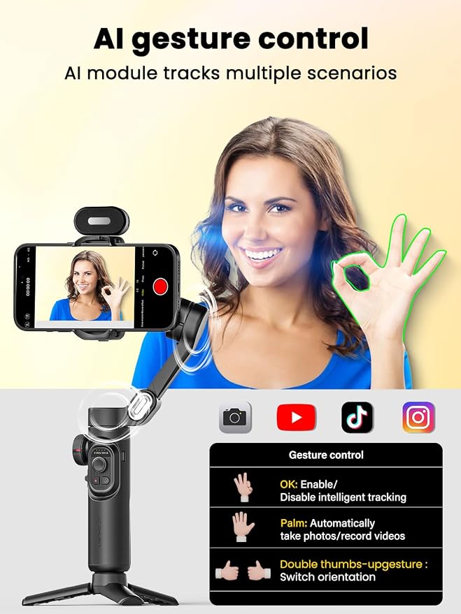 AOCHUAN XE AI Gimbal Stabilizer for Smartphone, No App AI Tracking | 3-axis foldable phone gimbal for iPhone, gesture control, 360° inception, AI tracking for TikTok, YouTube and vlogging - Image 3