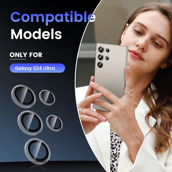 Tensea Compatible with Samsung Galaxy S24 Ultra Camera Lens Protector | 9H Tempered Glass Camera Cover Screen Protector Metal Individual Ring [Installation Tray][Case Friendly] - Image 2
