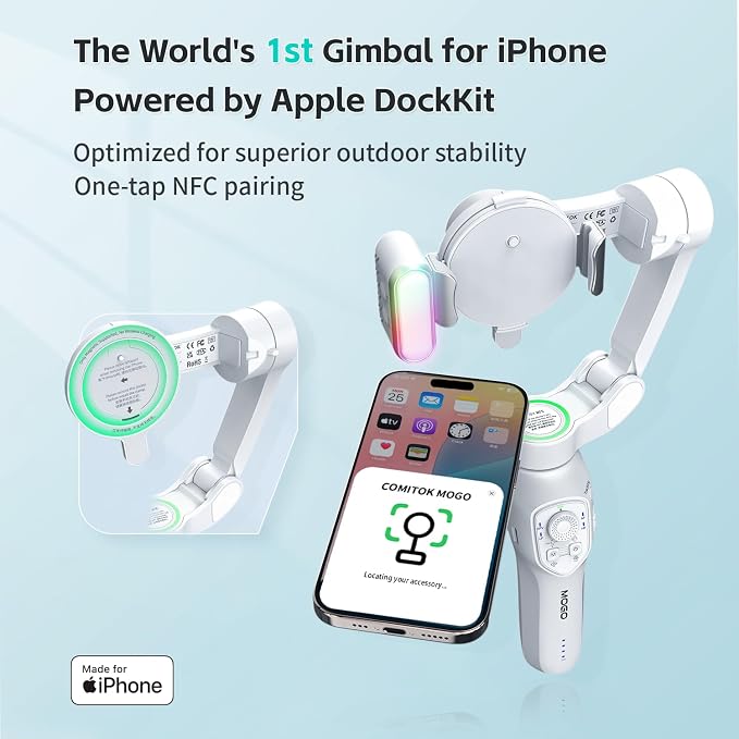 COMITOK Only for iPhone, MOGO [Apple MFi Certified] Gimbal Stabilizer for iPhone with Phone Clip & RGB Light, Support Selecting Tracking Target on Apple Watch & iOS26 Cameras for iPhone 16 15 Pro Max - Image 2