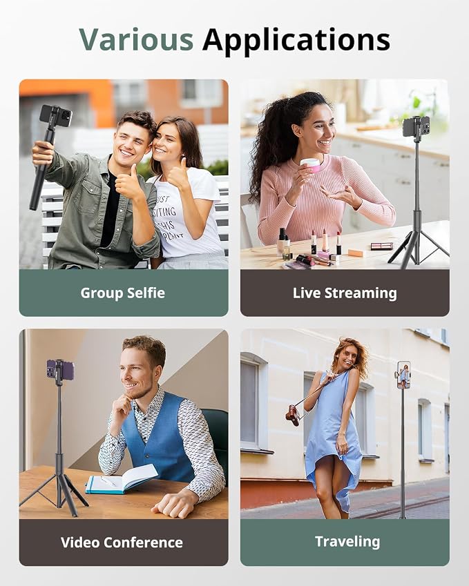 Sensyne 60" Phone Tripod - Selfie Stick, Lightweight All in One Phone Tripod Integrated with Wireless Remote Compatible with All Cell Phones for Selfie/Video Recording/Photo/Live Stream/Vlog（Black） - Image 2