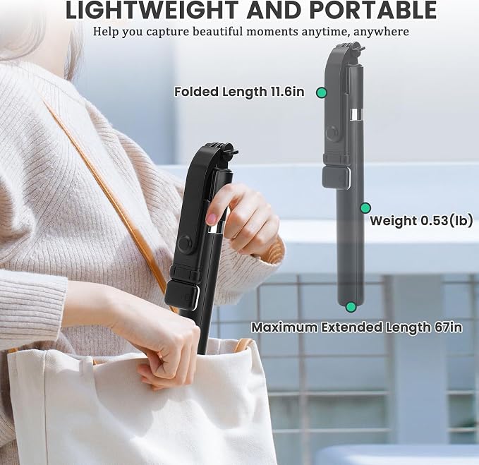 67Inch Extendable Phone Selfie Stick with Wireless Remote, Tripod Stand and Fill Light, Portable, for Photograph, Live Streaming, Video Recording, Compatible with iPhone Samsung Android Gopro - Image 5