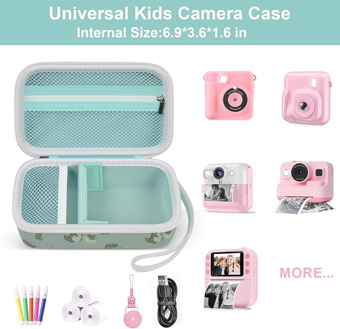 Kids Film Camera Case, Travel Storage Bag for Girls Boys | for ESOXOFFORE for Dylanto for Anchioo for WEEFUN for GKTZ for Amzelas for Mafiti, Mesh Pocket, Wrist Strap, Green Dinosaur - Image 2