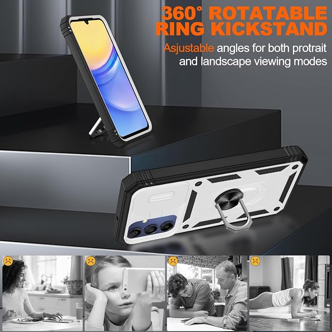 for Samsung Galaxy A15 5G Case with 2PCS Screen Protector, Build in 360° Rotating Ring Kickstand, Military Grade Protective Case for Samsung A15 Phone, White+Black - Image 7