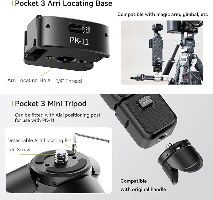 ULANZI Quick Release Mini Tripod Kit for DJI Osmo Pocket 3 4/Xtra Muse, Type-C Full-Function Port Charging Adapter Base for Pocket 3 4 Accessories with 1/4 Screw Hole for Tripods (PK-08 & PK-11) - Image 5