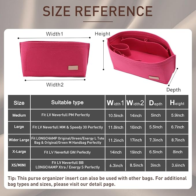 Doxo Purse Organizer Insert for Handbags & Base Shaper 2pc Set, Felt Neverfull MM Organizer Insert, Tote Bag Organizer with Zipper Pocket and Bottle Holder, Fit Speedy 30 Neverfull MM and More,Rose-L - Image 2