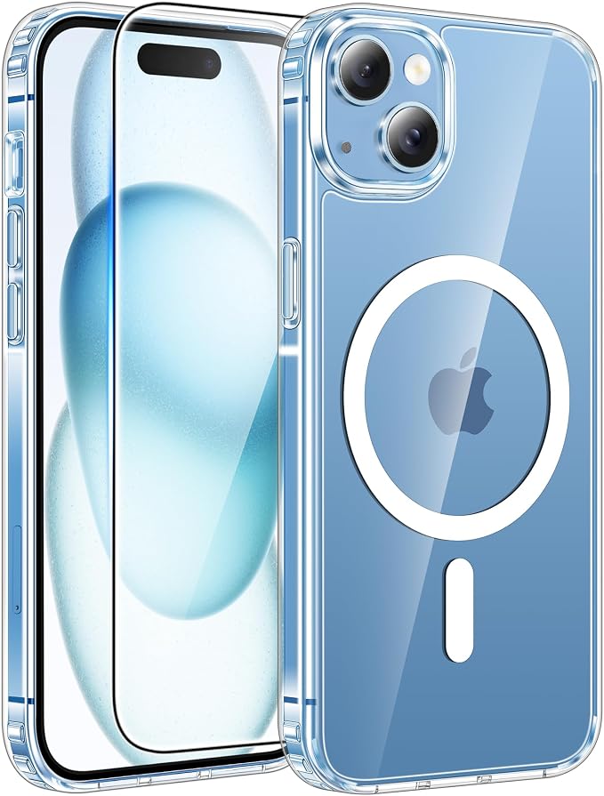 FNTCASE for iPhone 15/14/13 Case, Fit for Magsafe, Glass Screen Protector | Anti Yellowing, Magnetic Phone Cases, 14FT Military Grade Drop Protection, Slim Shockproof Protective Cover, Clear by FNTCASE