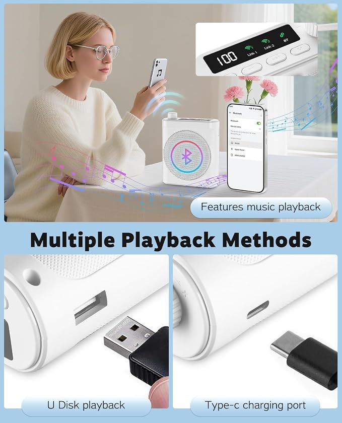 Tearstone Voice Amplifier for Teachers with Bluetooth, Dual Magnetic Mics | Portable Rechargeable Speaker with Clip-On Lapel Microphones for Classroom, Tour Guide, Public Speaking, Training (White) - Image 5