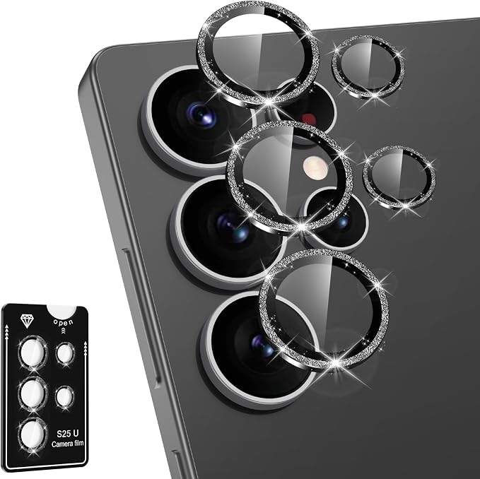 for Samsung Galaxy S25 Ultra Camera Lens Protector, Individual Metal Ring Tempered Glass Lens Cover, [Strong Adsorption] Scratch Resistant Ultra-Thin HD Clear Lens Cover, 1 Set-Black Sparkly by Btscase