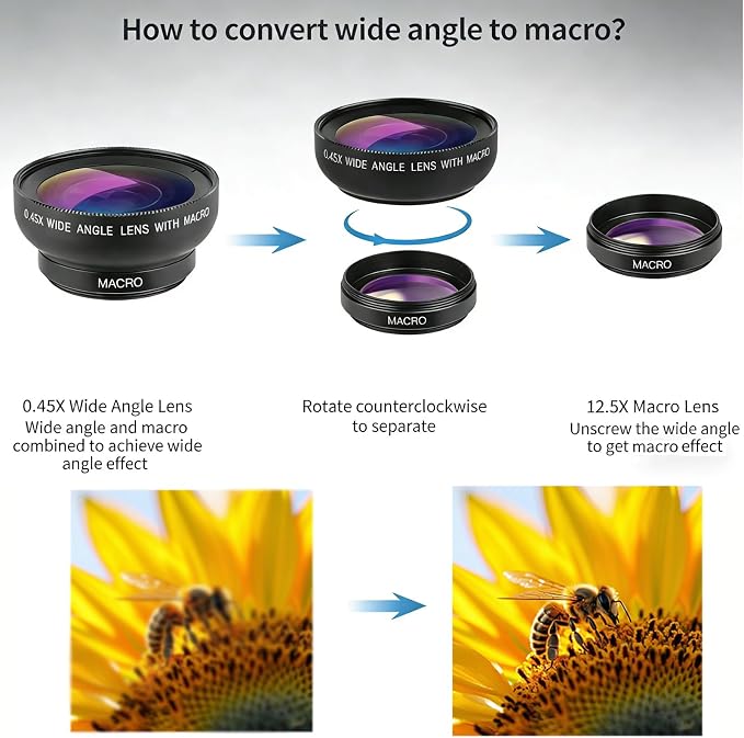 Phone Camera Lens Kit 2 in 1, 0.45X Wide Angle Lens+ 12.5X Macro Lens, Cell Phone Len Attachments Accessory for iPhone, for Samsung, for Android Smartphone - Image 3