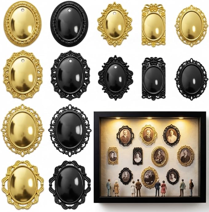 Lewtemi 14 Pcs Mini Frames Dollhouse, Vintage Black Gold Oval | Museum Accessories for Miniatures, Vintage Ornate Design with Hanging Holes, Ideal for Tiny Photo Display in 1:12 Scale Rooms by Lewtemi