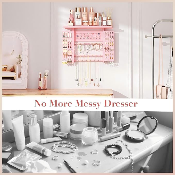 Emfogo Jewelry Organizer Hanging Wall Mounted Jewelry Holder, 5-in-1 Large Capacity Wood Necklace Organizer Wall Display for Ring, Necklaces, Bracelets, Earrings (Pink) - Image 3