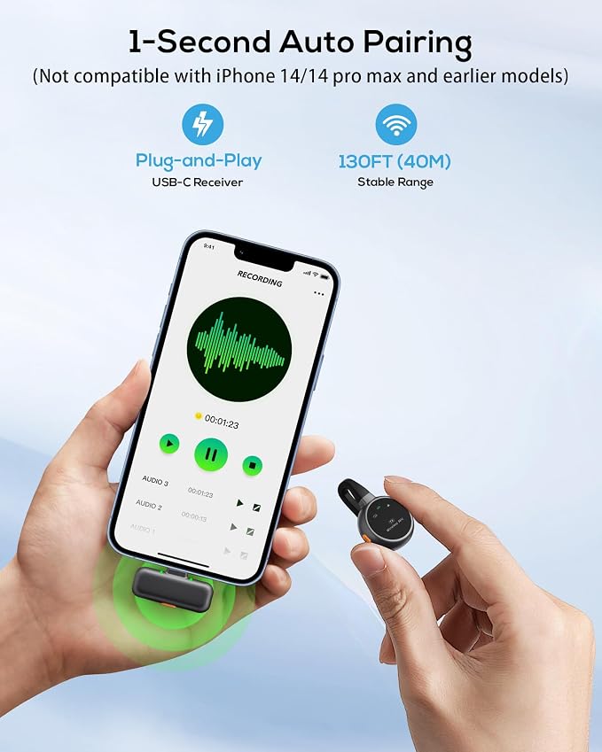 Wireless Lavalier Microphone for iPhone, iPad, Android - USB-C Plug Noise Cancelling Lapel Mini Mic with Charging Case, 30H Battery - Compact Clip-on Mic for YouTube, TikTok, Podcast, Video Recording - Image 6
