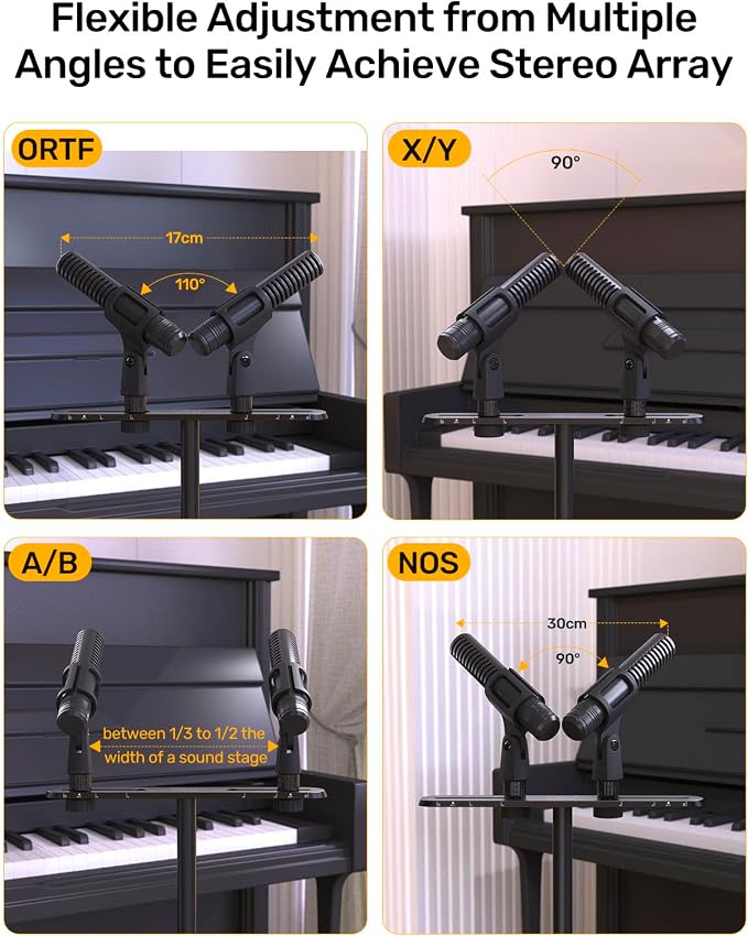 Stereo Array Spacing Mic Mount Bar with 360° Mic Ball Head Adapter, Adjustable Mic Holder for Two Mics/Booms with 1/4”, 3/8” & 5/8” Thread Adapter Fits Most Mic Stands, for XY/ORTF Recording - Image 5