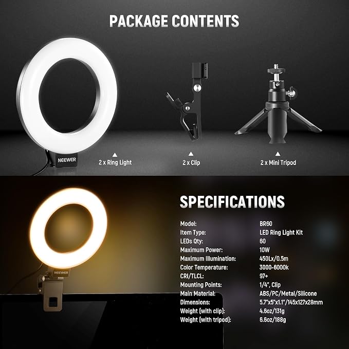 NEEWER BASICS 5" Ring Light for Video Conference Lighting, 2 Pack Clip on Light Kit with Desk Tripod Stands for Monitor Laptop Computer Zoom Call Live Streaming Recording Remote Working Learning, BR60 - Image 8