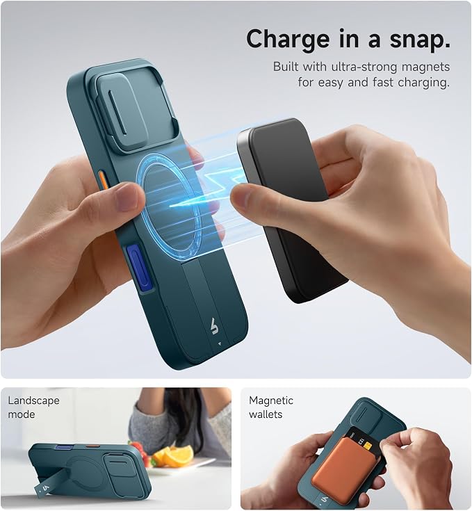SURITCH for iPhone 16 Case with Magnetic Camera Slide Cover and Adjustable Kickstand, Compatible with MagSafe, Shockproof Bumper Case Slim Protective Cover 6.1 Inch, Lake Green - Image 3