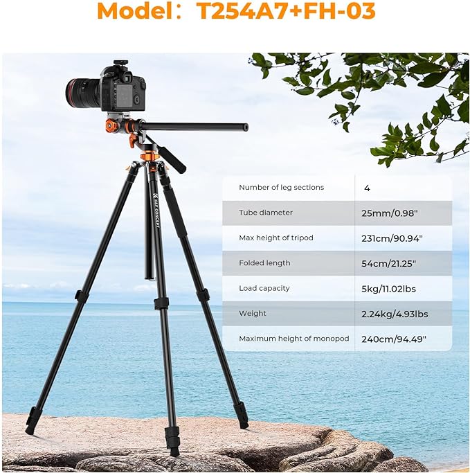 K&F CONCEPT 90''/230cm Horizontal Fluid Head Camera Tripod | Heavy Duty Overhead Shooting Video Tripods, Center Colmun, Detachable Monopod, for Indoor and Outdoor Use T254A7+FH-03 - Image 2