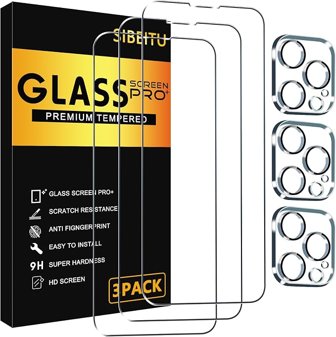 SIBEITU Screen Protector + Camera Lens Protector for iPhone 15 Pro 6.1 Inch | 3 Pack Screen Tempered Glass + 3 Pack Camera Lens, HD Clear 9H Hardness, Scratch Resistant, Sensor Protection, Case Friendly by SIBEITU