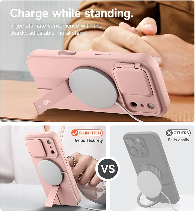 SURITCH for iPhone 17 Pro Case with Camera Control Cover, Camera Cover and Adjustable Kickstand, Compatible with MagSafe, Shockproof Bumper Protective Cases 6.3 Inch, Pink - Image 5