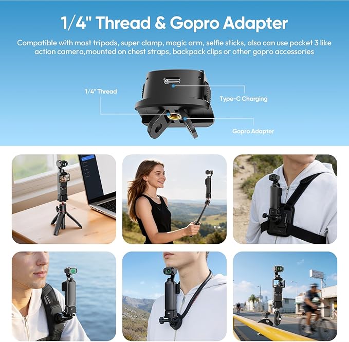 Mini Tripod Handle Kit for DJI Osmo Pocket 3/4/4P/Xtra Muse | Quick Release, Charge While Shoot, 2-in-1 Tripod/Handle, Action Camera Adapter, 1/4" Thread, Extendable, Portable - Image 5