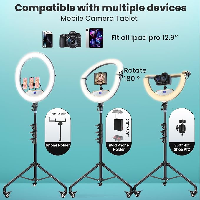 MACTREM 22" Foldable Ring Light with Stand for iPhone ipad, 75" Tripod with Wheels 50W 6500K LED Display/2 USB Ports Large Ringlight Rolling, Tattoo Barber Makeup Studio Video Photography Lighting - Image 7