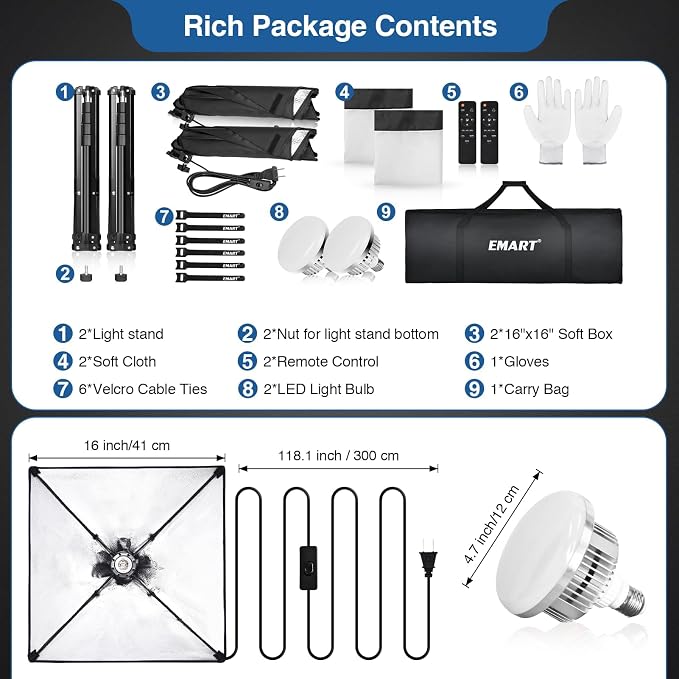 EMART Softbox Lighting Kit 85W 16"x16" Soft Box for Photography Light 2Pack | 3000K-6000K LED Bulbs with Remote, 65" Tripod, Professional Photography Lighting for Studio Lights, Portrait, Video Recording - Image 8