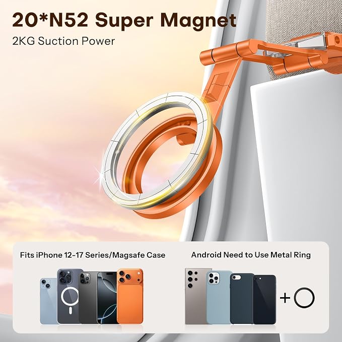 OMOTON TP02 360°Rotating Adjustable Aluminum for MagSafe Tripod, Orange | Magnetic Phone Tripod for iPhone 17/16/15 Pro Max Air, Foldable Cell Phone Stand Fits Vlog, Gym Travel Essentials Accessories - Image 2
