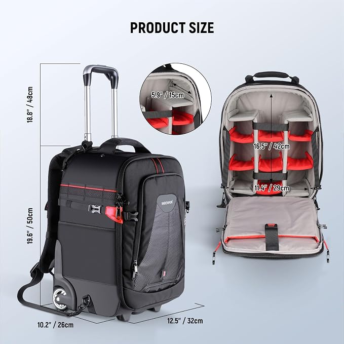 Neewer 2-in-1 Rolling Camera Backpack Trolley Case - Anti-shock Detachable Padded Compartment, Hidden Pull Bar, Durable, Waterproof for Camera,Tripod,Flash Light,Lens,Laptop for Air Travelling(Black) - Image 6