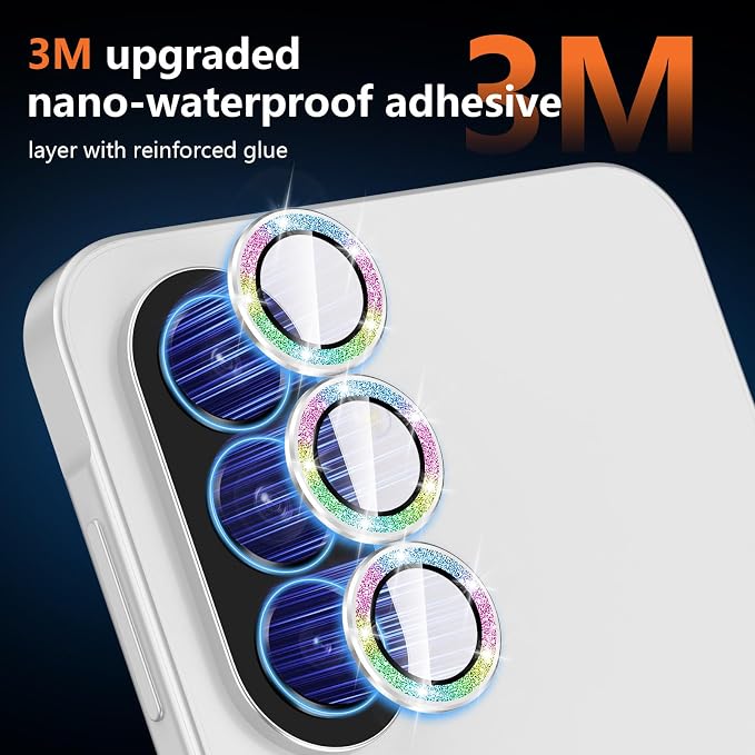 for Samsung Galaxy A37/A57 Camera Lens Protector, Individual Metal Ring Tempered Glass Lens Cover, [Strong Adsorption] Scratch Resistant Ultra-Thin HD Clear Lens Cover, 1 Set-Colorful Sparkly - Image 4
