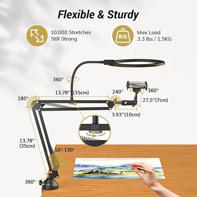 TONOR Overhead Ring Light Kit, 10" Ringlight with Heayy Duty Boom Arm and Phone Holder, Adjustable Angle, Suitable for Video Recording, Live Stream, Drawing, Makeup Nail - Image 7