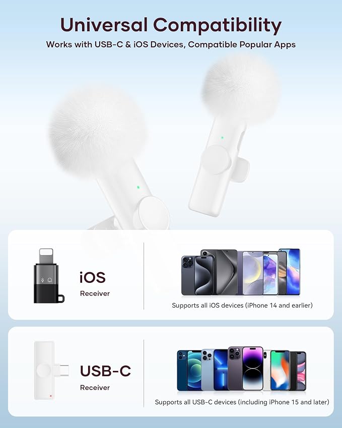 Wireless Microphone for iPhone iPad and Android Phone, 2 Pack Wireless Lavalier Lapel Mic with Noise Reduction, Plug and Play Mini Microphone for Video Recording Interview YouTube TikTok Vlog (White) - Image 6