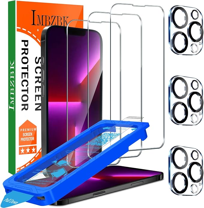 IMBZBK 3+3 Pack for iPhone 13 Pro Screen Protector, 9H+ Tempered Glass | Auto-Dust Removal Tool, with 3 Camera Lens Protectors, 9H+ Hardness, Military Grade Shatterproof, Case Friendly by IMBZBK