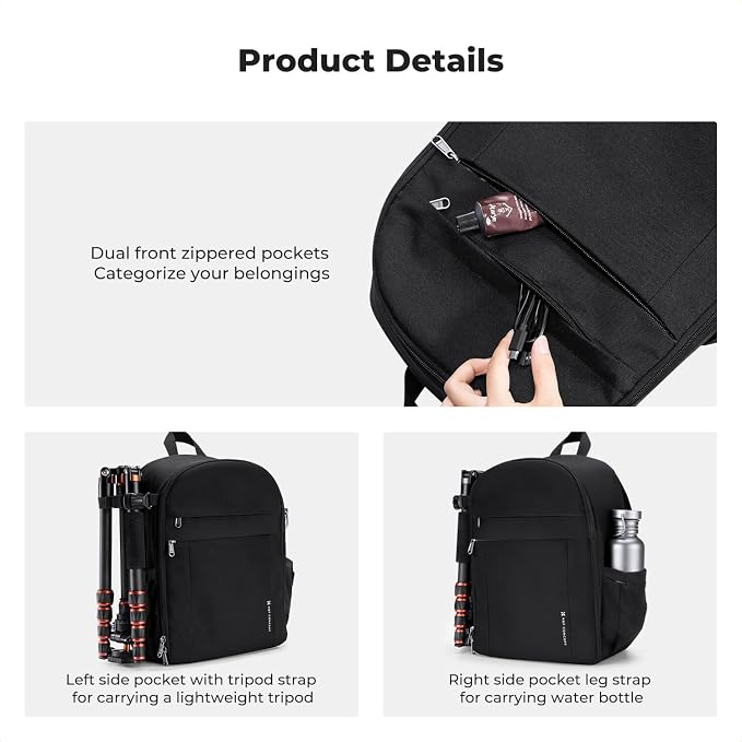 K&F CONCEPT Camera Backpack, Lightweight Camera Bag with Tripod Holder | Professional Bag for DSLR/SLR Mirrorless, with 14in Laptop Compartment & Rain Cover, Men & Women, for Sony Canon Nikon, B19 - Image 5