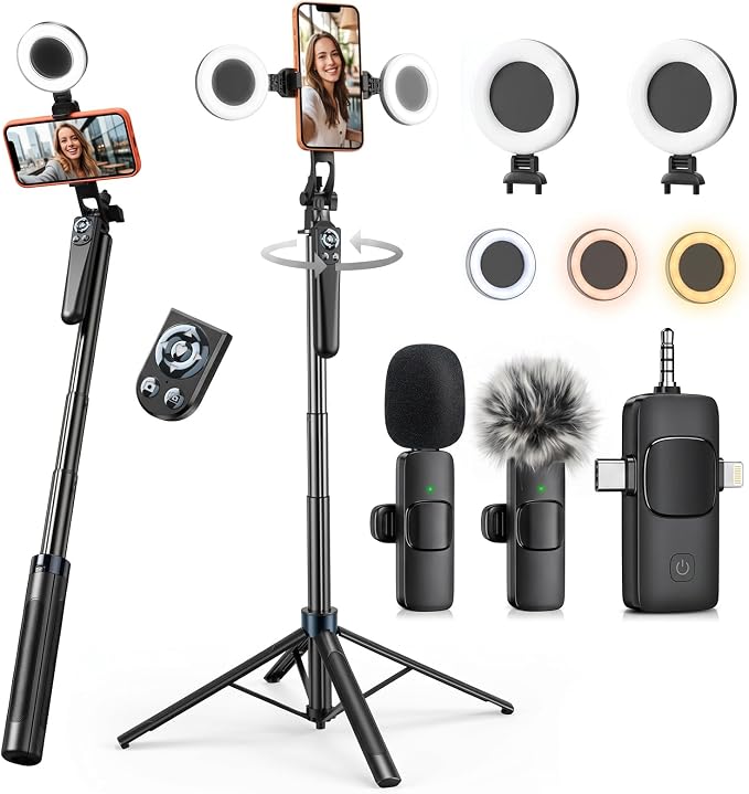 Content Creator Essentials Kit 71" Tripod Light Wireless Microphone &Remote | Vlogging Kit Tripod for iPhone/Android, No App, Selfie Stick Phone Stand for Video Recording Live Streaming TikTok, YouTube by Unknown