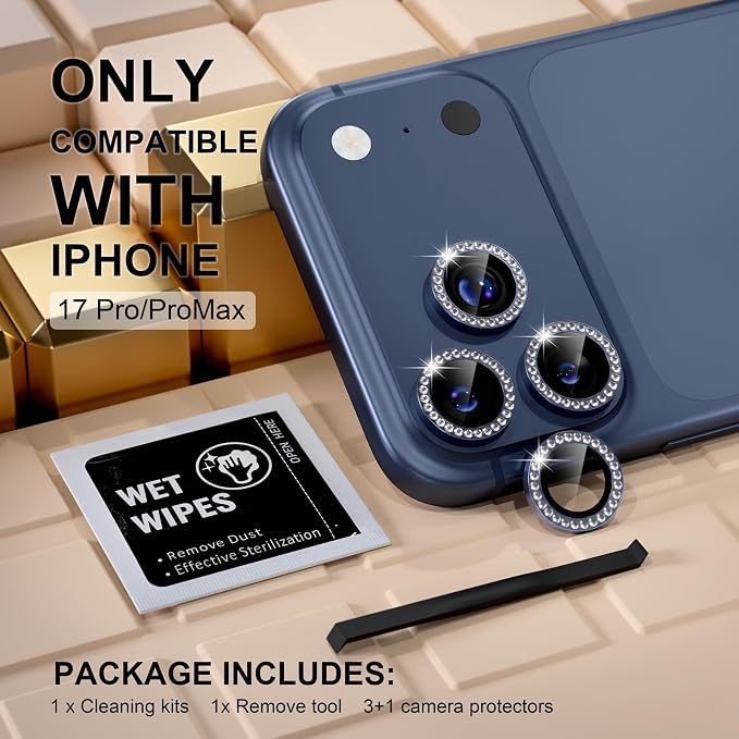 Misea Compatible for iPhone 17 Pro/iPhone 17 Pro Max Camera Lens Protector | 9H Tempered Glass Ultra HD Bling Camera Screen Protector Cover Metal Individual Ring Accessories, Deep Blue Diamond - Image 2