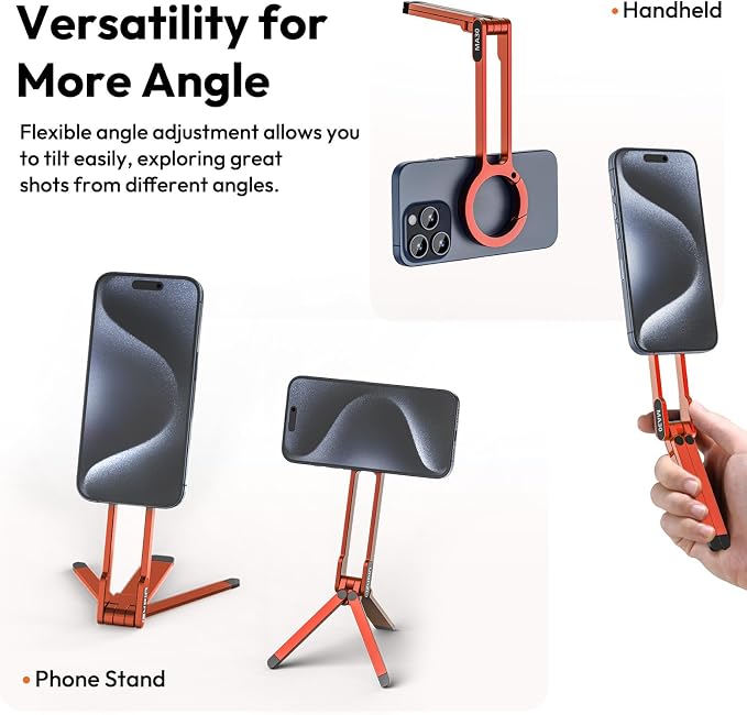 ULANZI MA30 Magnetic Phone Tripod Stand for iPhone - Aluminium Maglock Smartphone Mini Tripod Pocket Cell Phone Stand Strong Magnet Quick Mount Compatible with iPhone 17 16 15 14 13 12 Series, Orange - Image 3