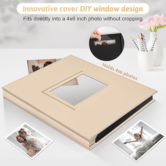 Popotop 4x6 Photo Album Holds 800 Pictures, Vegan Leather Hardcover | 800-Photos Capacity, Clear Slip-In Pockets, Extra-Large Collection Format, Front Photo Window, Gifts for Family Wedding Baby - Image 2
