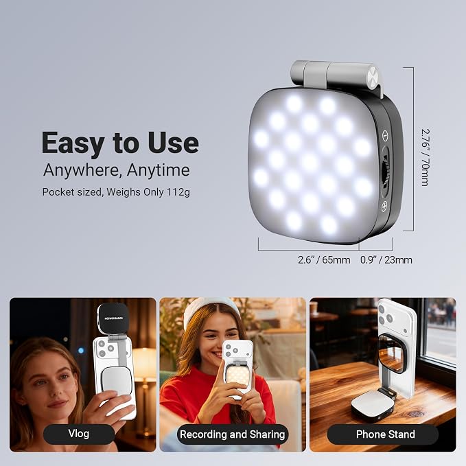NEEWER Basics Magnetic Selfie Light Compatible with MagSafe iPhone, 2W CRI95+ Bi Color Swivel Small LED Phone Fill Lighting, 680lx/0.3m, Mirror for Vlog Recording Makeup Video Conference, NL45B Black - Image 8