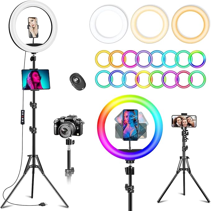 10.3" Selfie Ring Light with 73" Tripod Stand Phone iPad Holder-51 RGB Mode | Wireless Remote Circle Halo Light for iPhone, 12 Dimming Levels LED Ringlight with Stand for Makeup/Live Stream/Photo/TikTok by wiskey