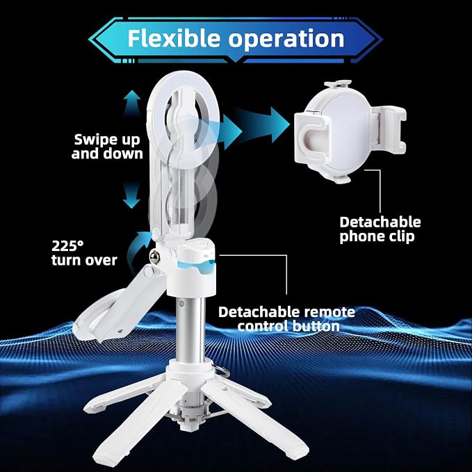 MQOUNY for Magsafe Tripod Stand for iPhone,Portable Pocket Size Selfie Stick with Rechargeable Remote and Metal Ring,Extendable Detachable Cell Phone Tripod Compatible with iPhone/Android (White) - Image 3