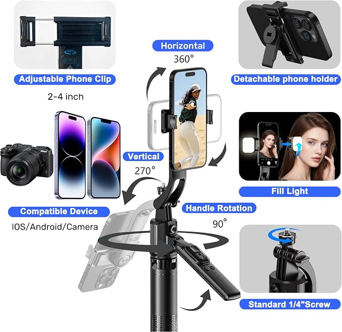 Auto Face Tracking Selfie Stick Tripod for iPhone with Light 360° Rotation That Follows Your Movement 63" Camera Tripod Stand with Remote for Content Creator Vlog Live Stream Video Recording - Image 8