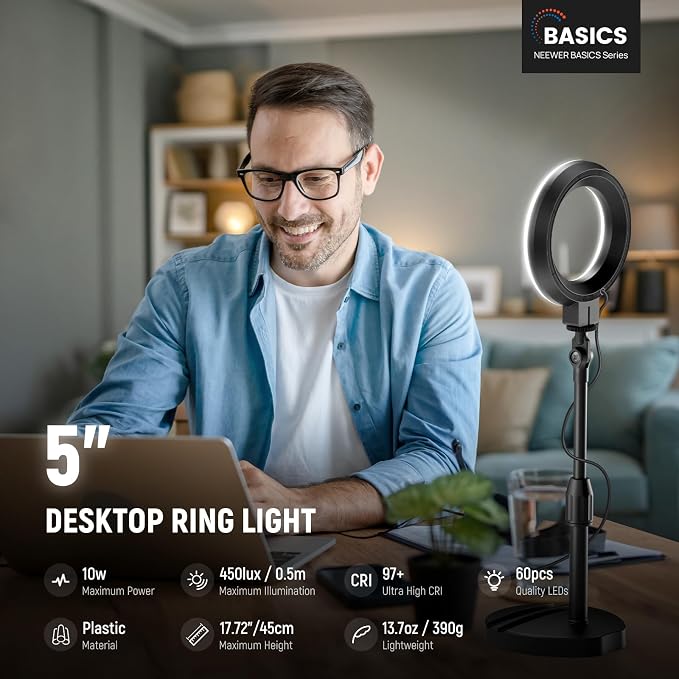 NEEWER Basics 5"/13cm Desk Ring Light with Stand, 10W LED, Black BR60 | Phone Holder Base, Compatible with iPhone, Selfie, Video Recording, Makeup, Laptop Webcam Zoom, Video Conference Lighting - Image 2