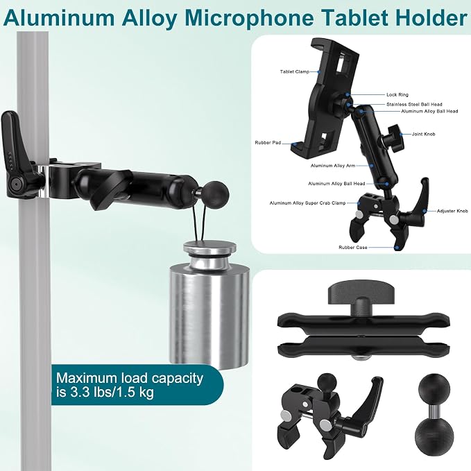 Mippko iPad Holder for Microphone Stand,Mic Music Stand Tablet Holder Mount,360°Adjustment Aluminium Alloy Arm Super Crab Clamp,Compatible with 4.7~12.9 inch iPad/Nexus/LG G Pads/Smartphones - Image 7