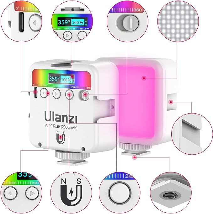 ULANZI VL49 RGB Video Lights White, LED Camera Light 360° Full Color Portable Photography Lighting w 3 Cold Shoe, 2000mAh Rechargeable CRI 95+ 2500-9000K Lamp Support Magnetic Attraction - Image 2