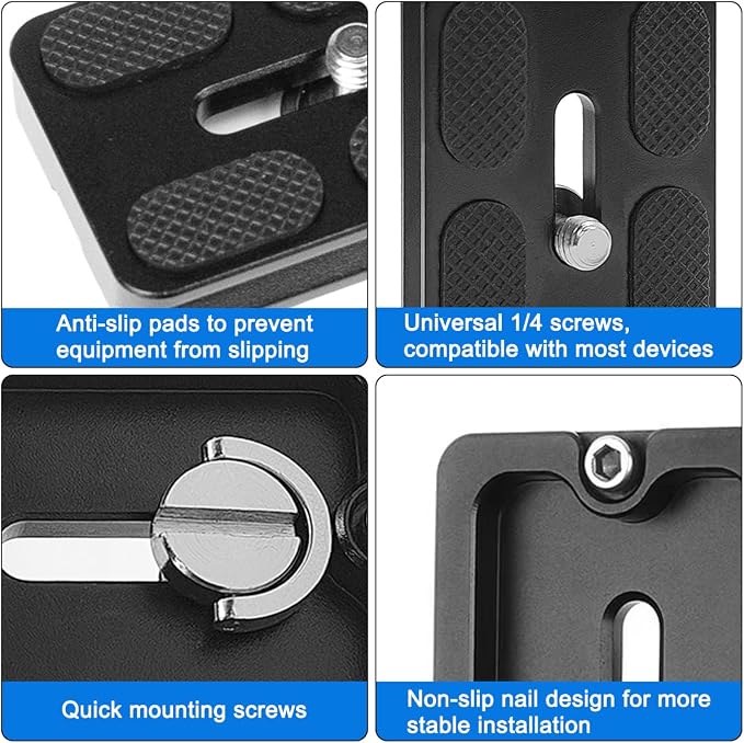 2 Pcs PU50 Tripod Quick Release Plate + 2 Pcs 1/4-3/8 Inch Screw, 50mm*38mm Camera Plates Mount with 1/4''-20 Screw, Compatible with Manfrotto Arca Swiss Benro QR Plate for DSLR Camera - Image 5