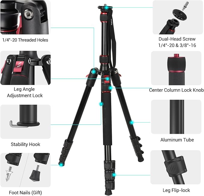 SmallRig T-10 68" Foldable Aluminum Camera Tripod/Monopod | Max. Payload 33lb, Height Adjustable from 19.7" to 67.7", Works With Cameras and Phones. - Image 5