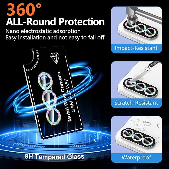 for Samsung Galaxy A37/A57 Camera Lens Protector, Individual Metal Ring Tempered Glass Lens Cover, [Strong Adsorption] Scratch Resistant Ultra-Thin HD Clear Lens Cover, 1 Set-Colorful Sparkly - Image 2
