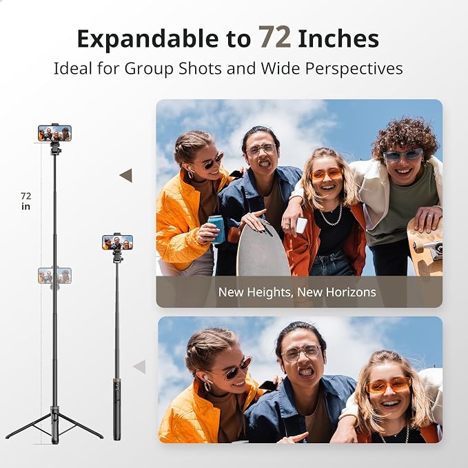 Sensyne 72" Extendable Tripod for iPhone & Selfie Stick with Detachable Phone Holder & Wireless Remote, Compatible with All Cell Phones, Black - Image 3