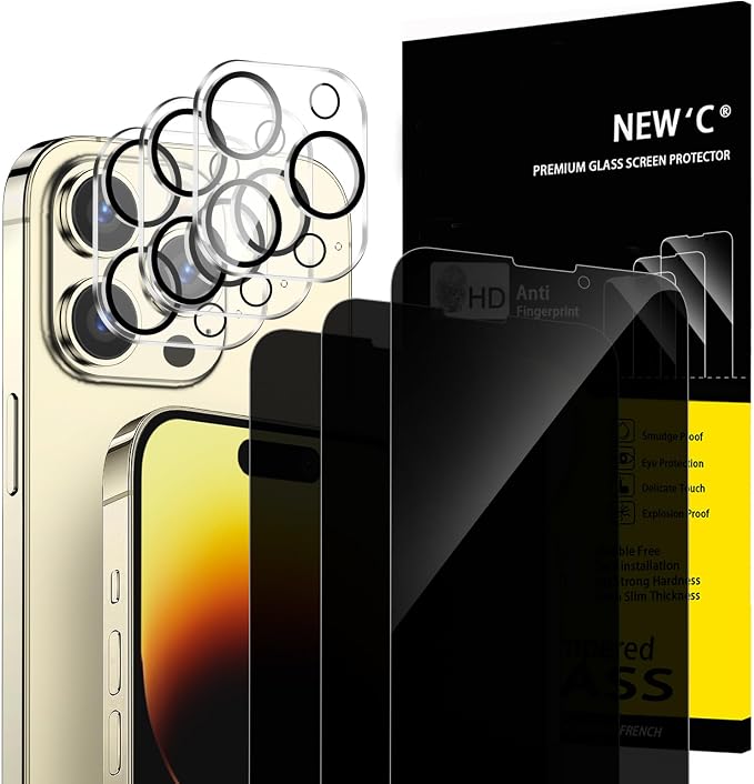NEW'C 3x Privacy for iPhone 14 Pro Max Screen Protector (6.7 inches)+ 3x Camera Lens Protector, Sensor Protection, Tempered Glass Film + Dust Plug - Enhanced Privacy Angle of 28 Degrees by NEWC