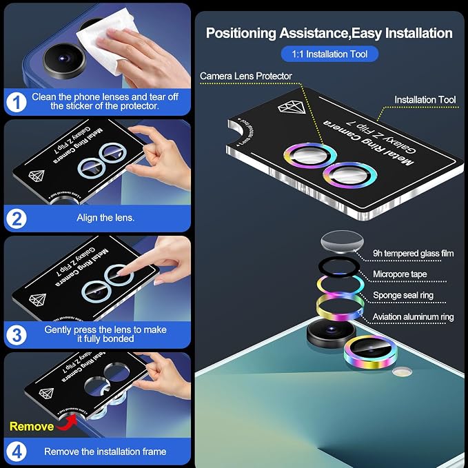 for Samsung Galaxy Z Flip 7 Camera Lens Protector, Individual Metal Ring Tempered Glass Lens Cover, [Strong Adsorption] Scratch Resistant Ultra-Thin HD Clear Lens Cover, 1 Set-Colorful - Image 6